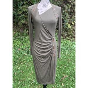 Carmen marc Valvo dark green bodycon wrap dress with faux leather stitching